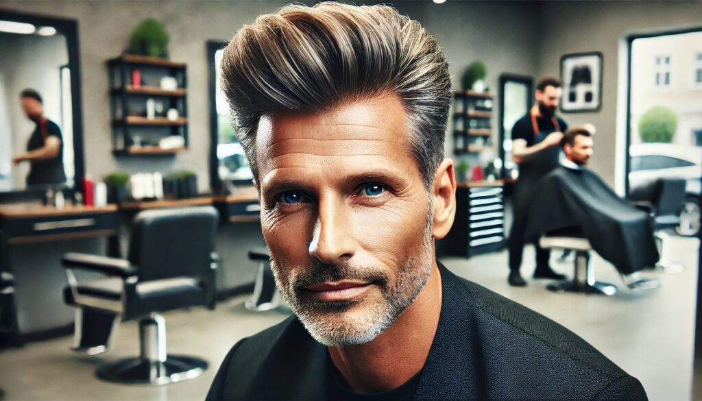 DALL·E 2024 09 26 09.33.42 A mature man between 45 to 55 years old with slight graying hair sporting a refined Pompadour hairstyle. The hair on top is slightly longer and style