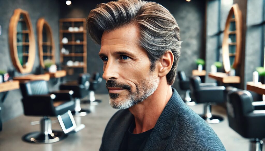 DALL·E 2024 09 26 09.39.12 A mature man between 45 to 55 years old with slight graying hair sporting a side part hairstyle. The hair on top is longer and combed neatly to one