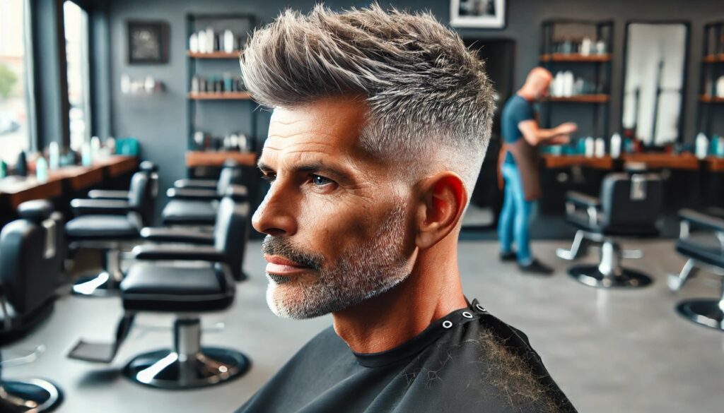 DALL·E 2024 09 26 10.00.06 A mature man around 50 years old with slight graying hair sporting a textured Crop hairstyle with strongly shaved sides almost down to the skin and