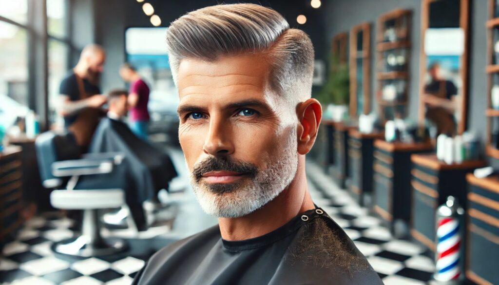 DALL·E 2024 09 26 10.09.30 A mature man around 50 years old with a different face clean shaven or with a mustache sporting a Fade haircut. The sides and back are cut very shor