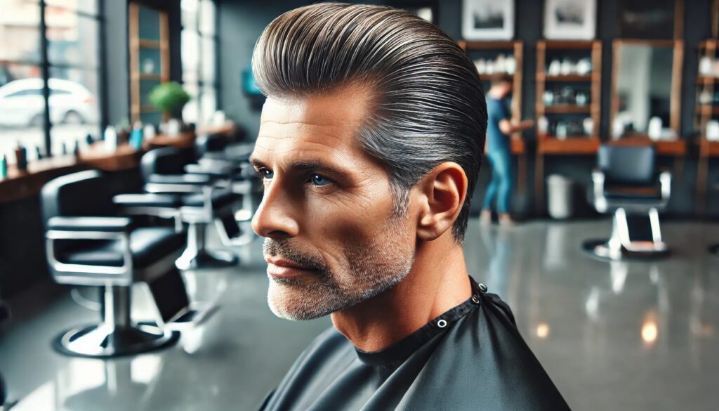 DALL·E 2024 09 26 10.20.02 A mature man around 50 years old with slight graying hair sporting a Slick Back hairstyle. His hair is combed tightly back styled flat and close to